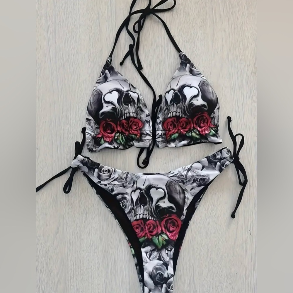 Skull Roses Triangle Halter Side Tie Bikini Set - Picture 5 of 11